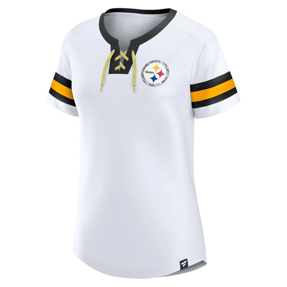 Pittsburgh Steelers Women's Sunday Best Lace-Up T-Shirt - White T-shirts