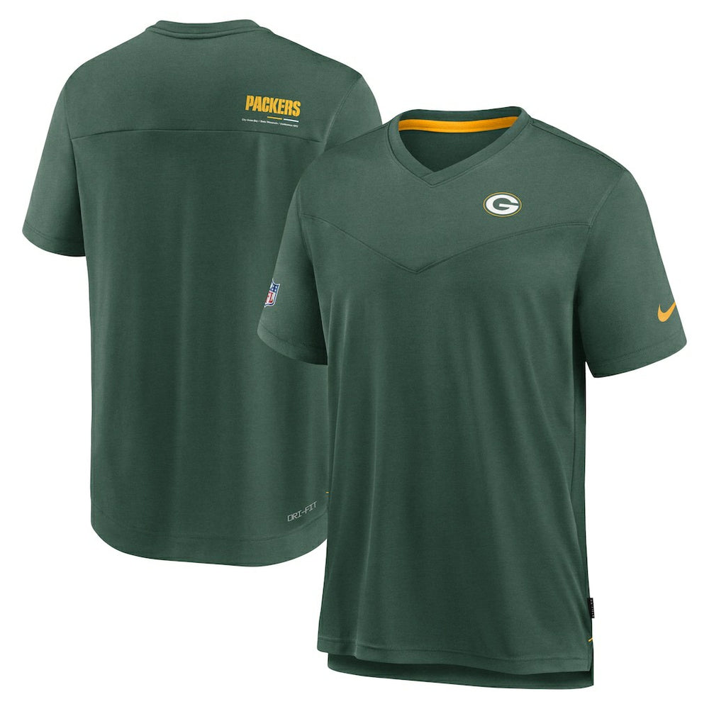 Green Bay Packers Sideline Coach Chevron Lock Up Logo V-Neck Performance T-Shirt - Heather Kelly Green T-shirts