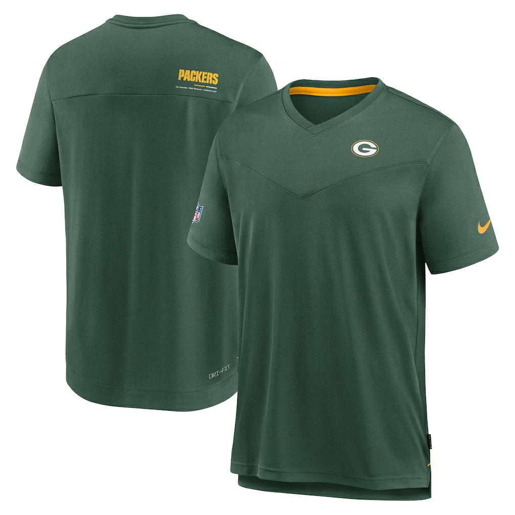 Green Bay Packers Sideline Coach Chevron Lock Up Logo V-Neck Performance T-Shirt - Heather Kelly Green T-shirts