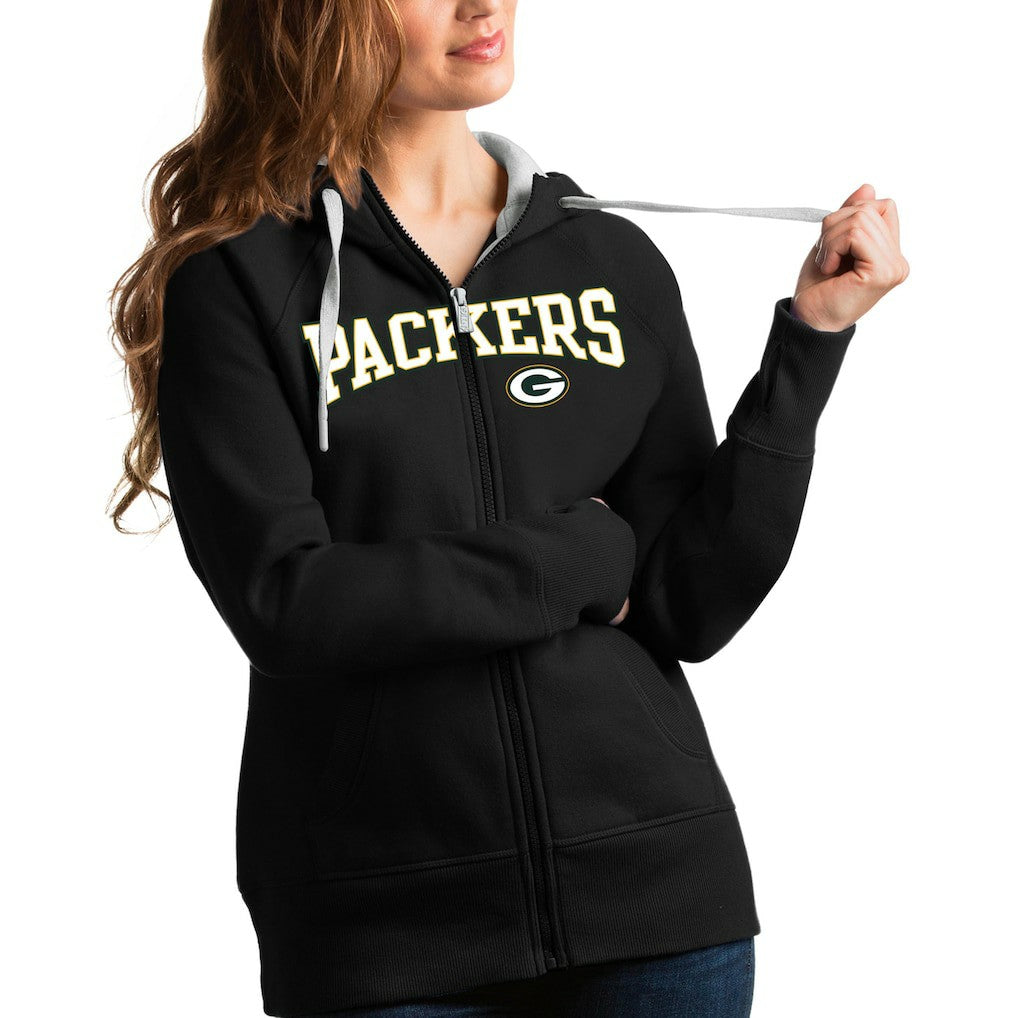 Green Bay Packers Antigua Women's Wordmark Victory Full-Zip Hoodie - Black Hoodies