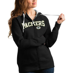 Green Bay Packers Antigua Women's Wordmark Victory Full-Zip Hoodie - Black Hoodies