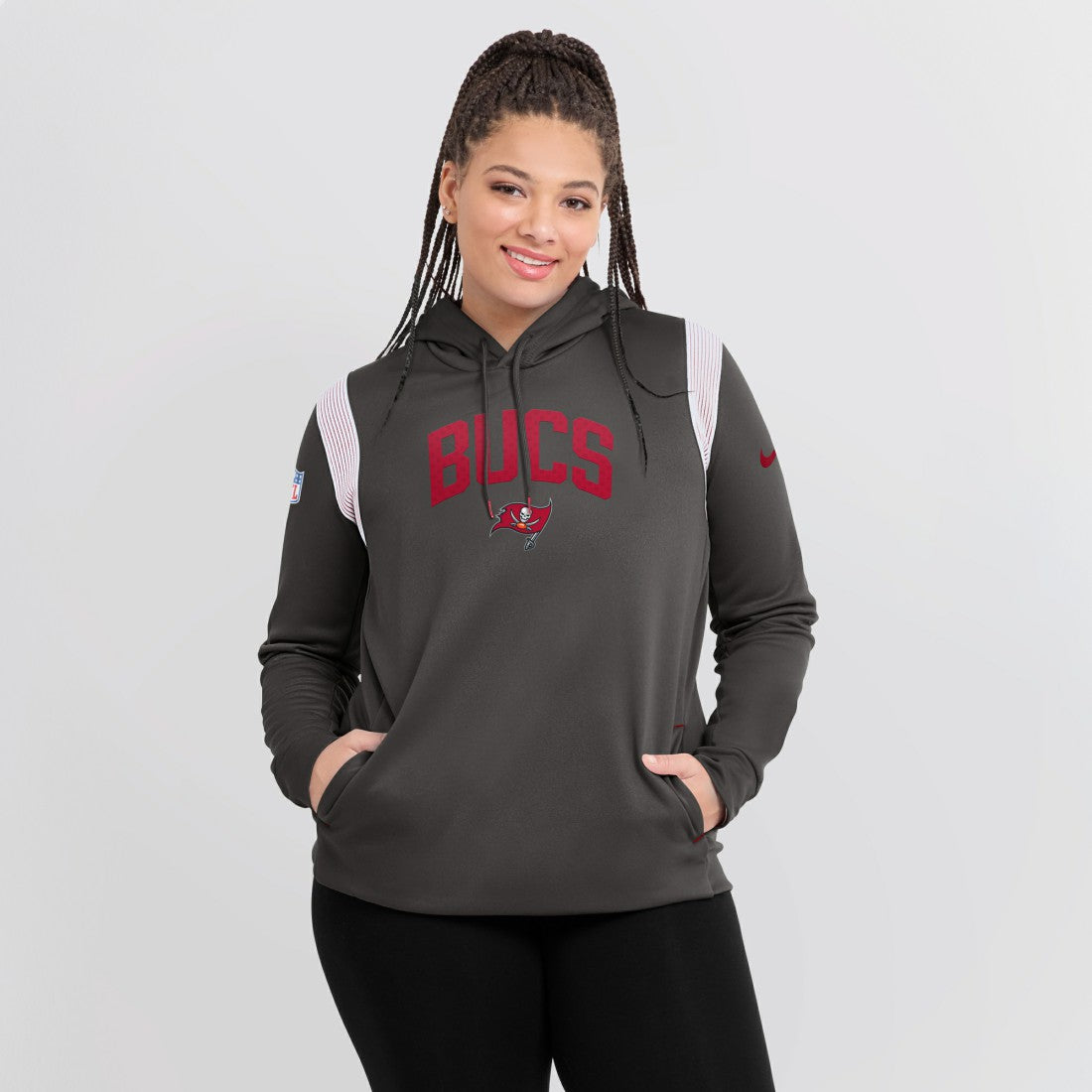 Tampa Bay Buccaneers Women's Sideline Stack Performance Pullover Hoodie - Pewter Hoodies