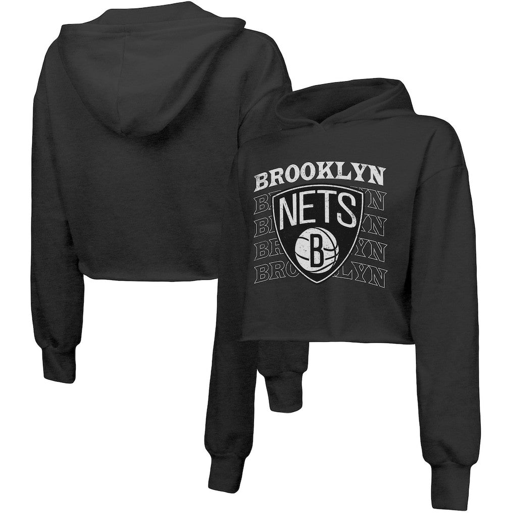 Brooklyn Nets Majestic Threads Women's Repeat Cropped Tri-Blend Pullover Hoodie Black