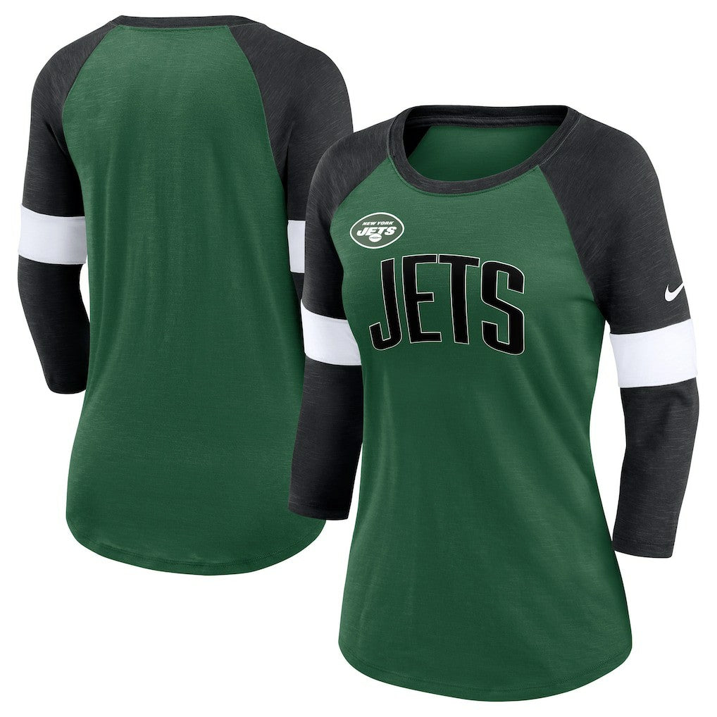 New York Jets Women's Football Pride Raglan 3/4-Sleeve T-Shirt - Heather Green/Heather Black T-shirts