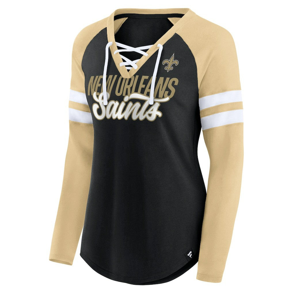 New Orleans Saints Women's True to Form Raglan Lace-Up V-Neck Long Sleeve T-Shirt - Black/Gold T-shirts
