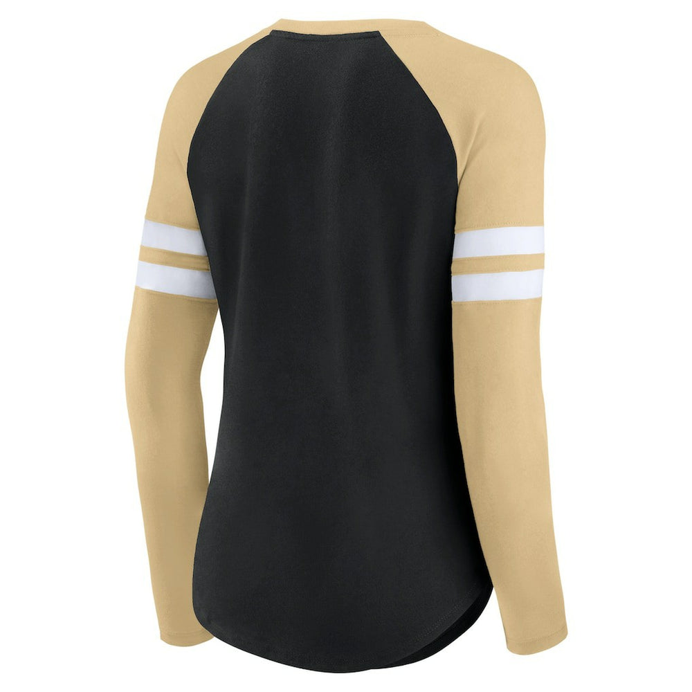 New Orleans Saints Women's True to Form Raglan Lace-Up V-Neck Long Sleeve T-Shirt - Black/Gold T-shirts