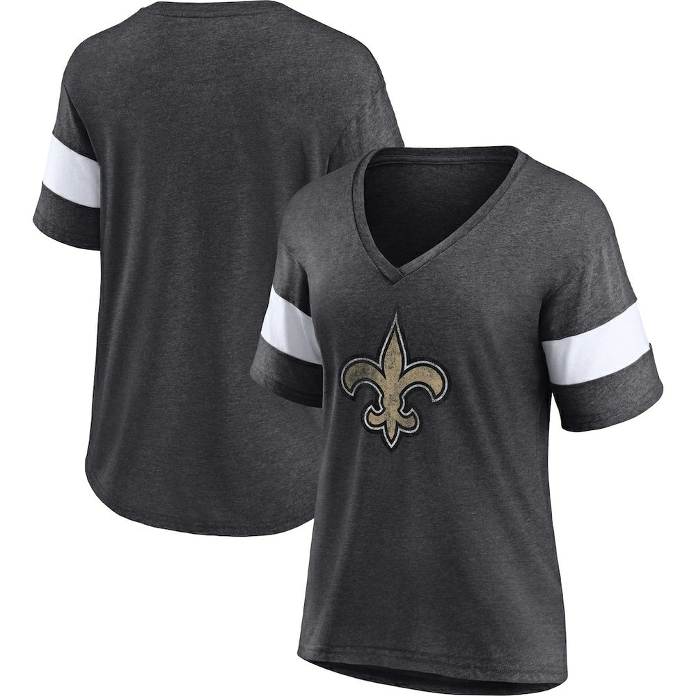 New Orleans Saints Women's Distressed Team Tri-Blend V-Neck T-Shirt - Heathered Charcoal/White T-shirts