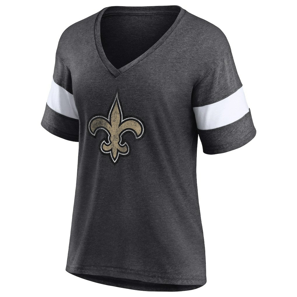 New Orleans Saints Women's Distressed Team Tri-Blend V-Neck T-Shirt - Heathered Charcoal/White T-shirts