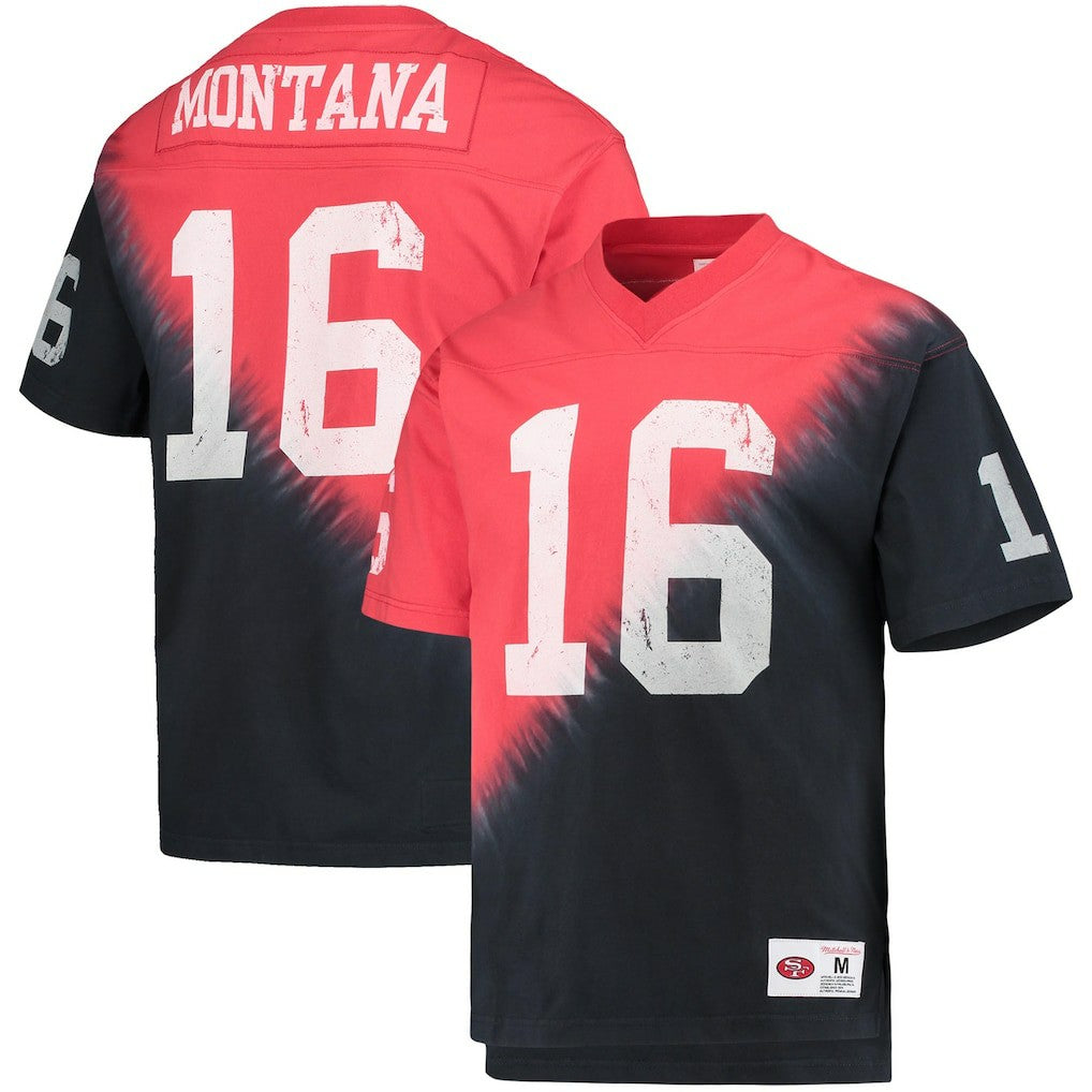 Joe Montana San Francisco 49ers Retired Player Name & Number Diagonal Tie-Dye V-Neck T-Shirt - Black/Red T-shirts