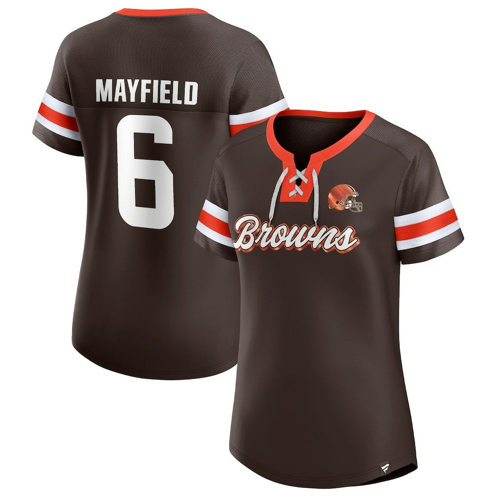 Baker Mayfield Cleveland Browns Women's Athena Name & Number Notch Neck T-Shirt - Brown T-shirts