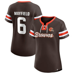 Baker Mayfield Cleveland Browns Women's Athena Name & Number Notch Neck T-Shirt - Brown T-shirts