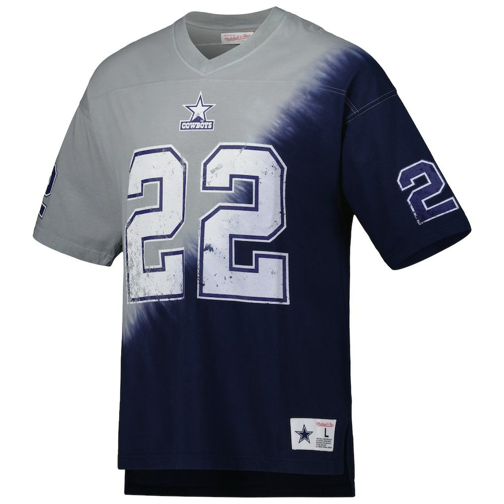 Emmitt Smith Dallas Cowboys Retired Player Name & Number Diagonal Tie-Dye V-Neck T-Shirt - Navy/Gray T-shirts