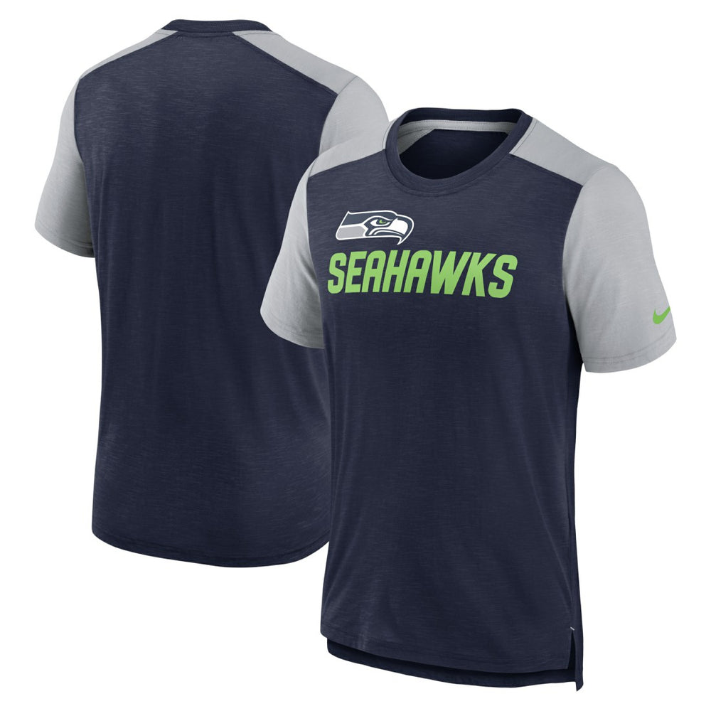 Seattle Seahawks Color Block Team Name T-Shirt - Heathered College Navy/Heathered Gray T-shirts