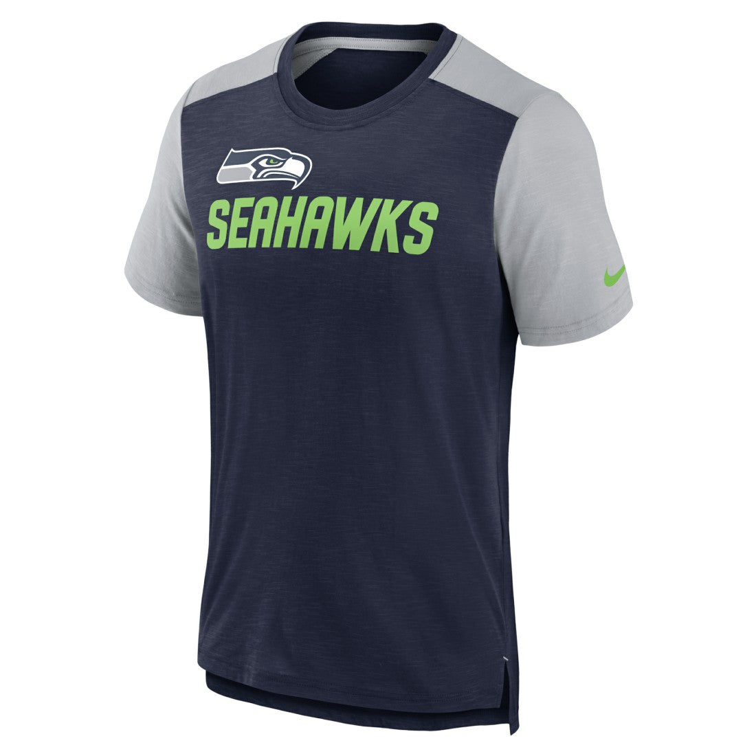 Seattle Seahawks Color Block Team Name T-Shirt - Heathered College Navy/Heathered Gray T-shirts