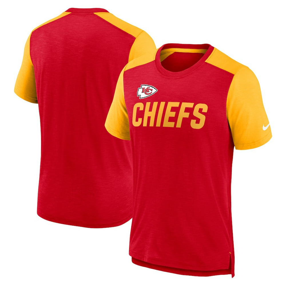 Kansas City Chiefs Color Block Team Name T-Shirt - Heathered Red/Heathered Gold T-shirts