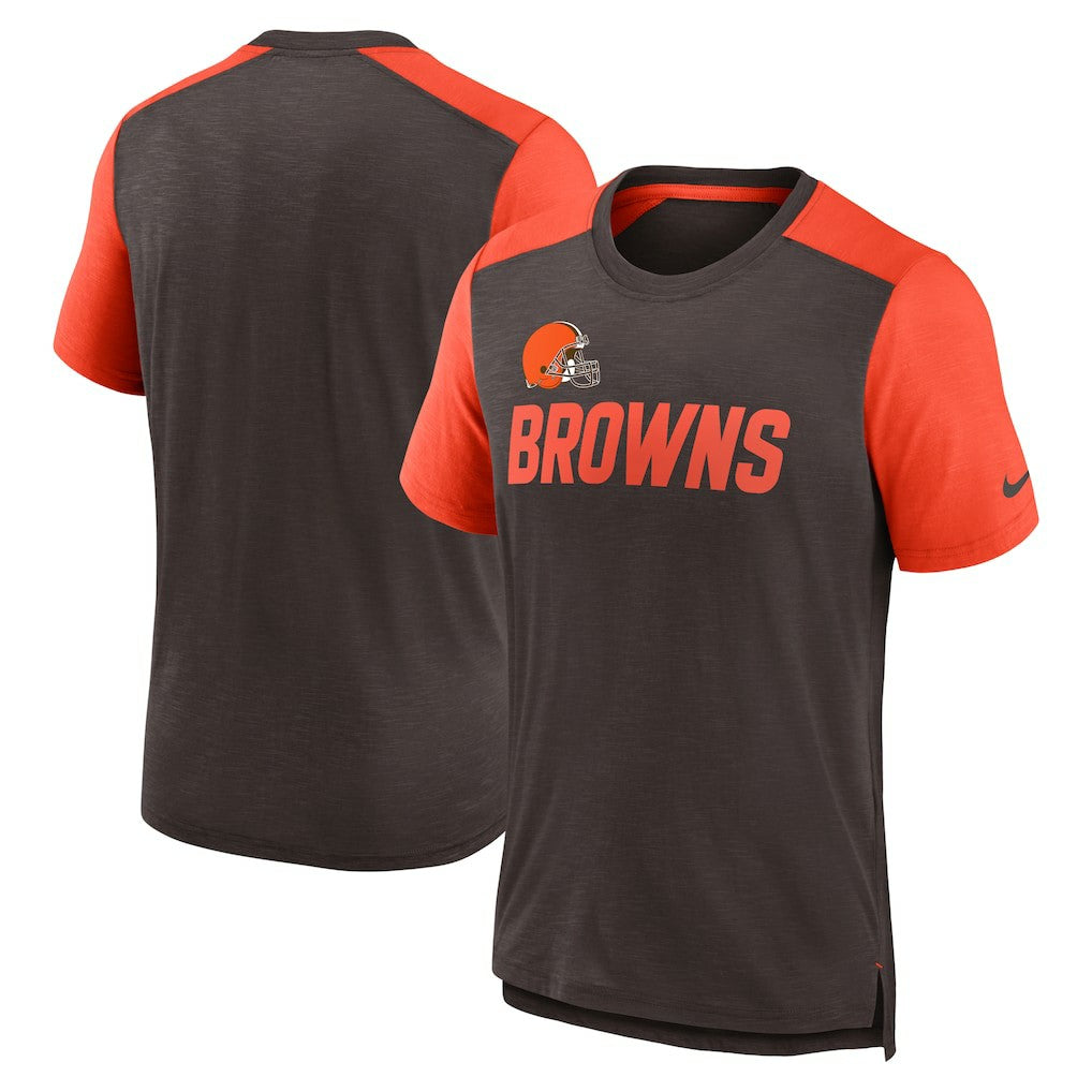 Cleveland Browns Color Block Team Name T-Shirt - Heathered Brown/Heathered Orange T-shirts
