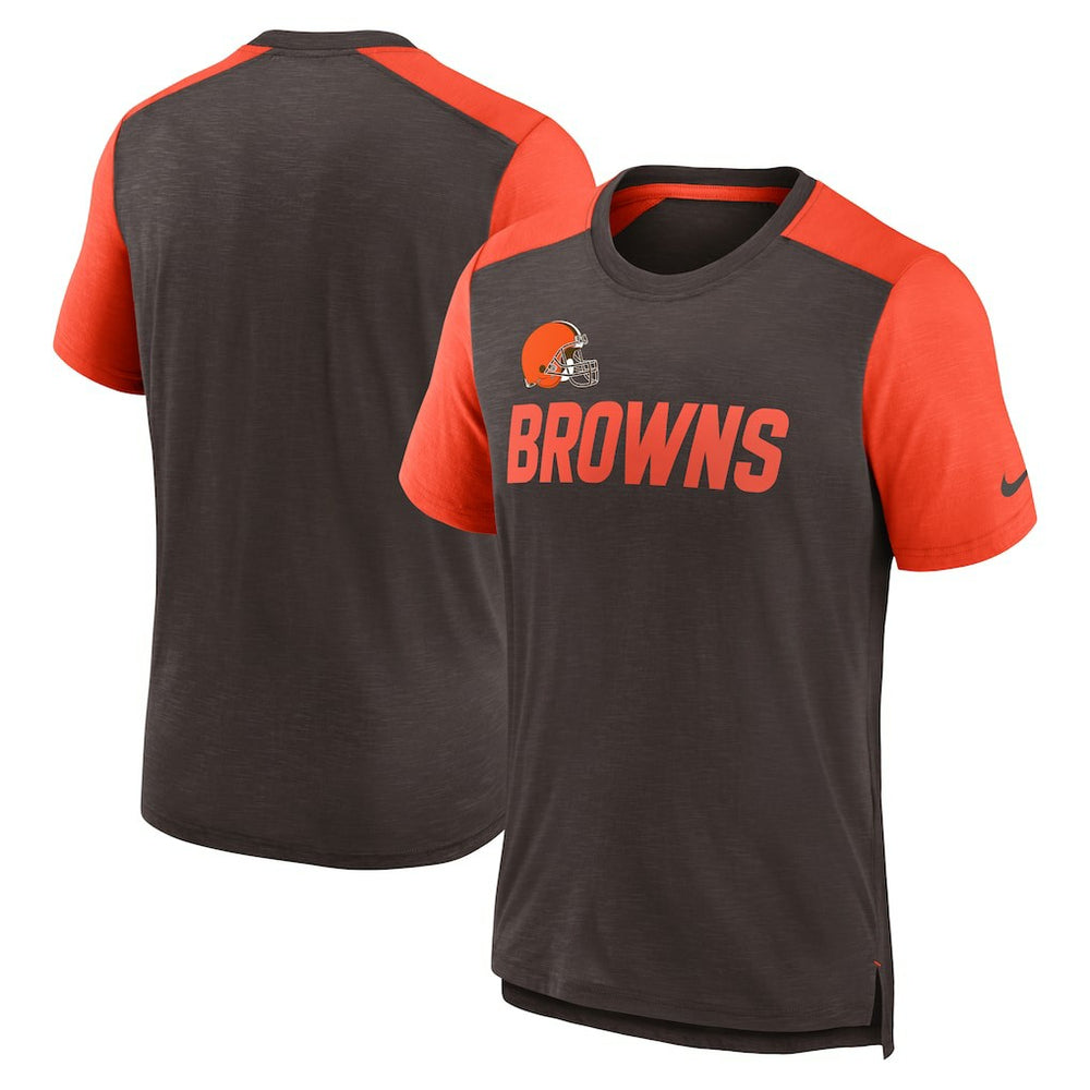 Cleveland Browns Color Block Team Name T-Shirt - Heathered Brown/Heathered Orange T-shirts