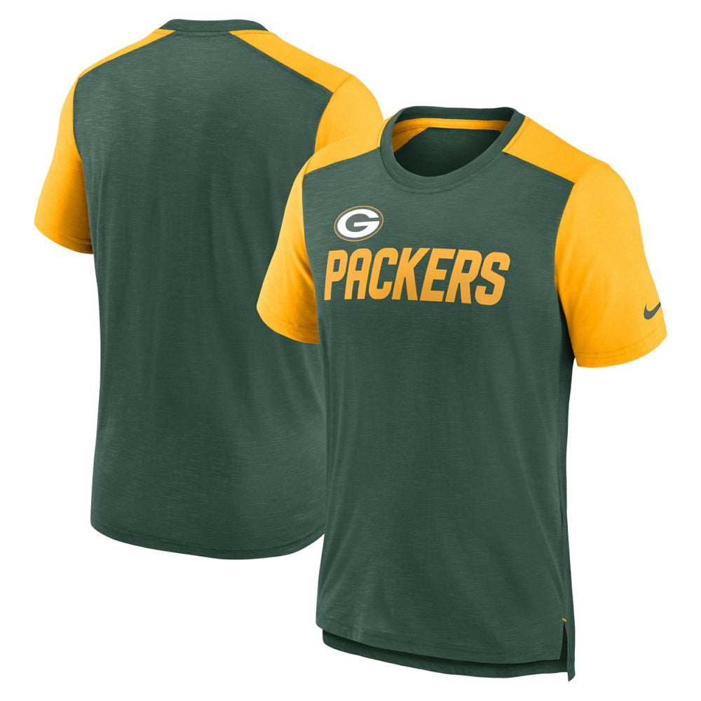 Green Bay Packers Color Block Team Name T-Shirt - Heathered Green/Heathered Gold T-shirts