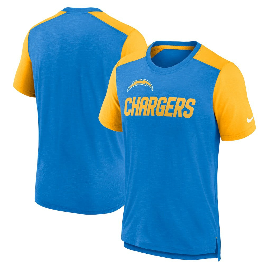 Los Angeles Chargers Color Block Team Name T-Shirt - Heathered Powder Blue/Heathered Gold T-shirts