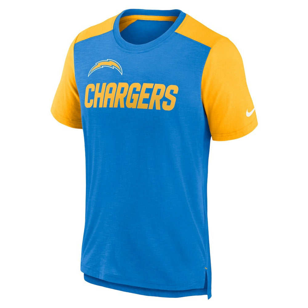 Los Angeles Chargers Color Block Team Name T-Shirt - Heathered Powder Blue/Heathered Gold T-shirts