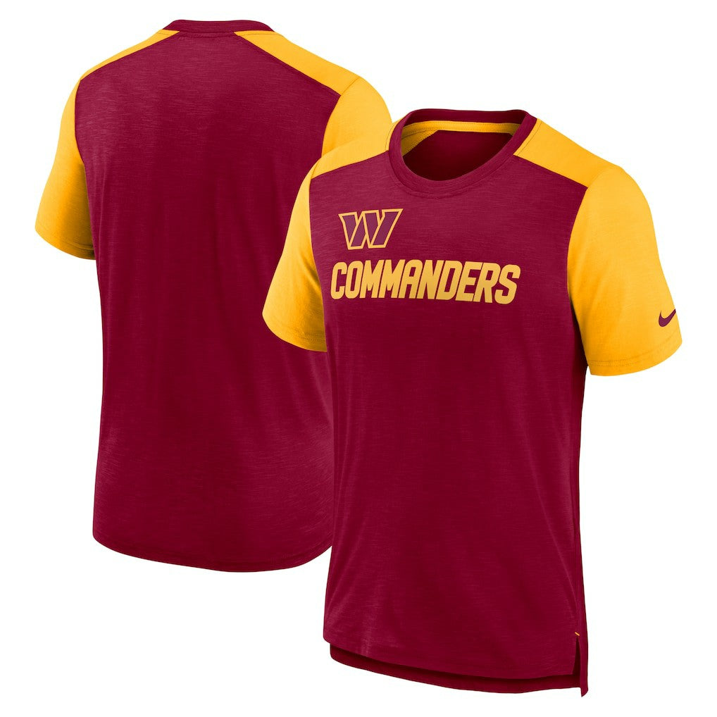 Washington Commanders Color Block Team Name T-Shirt - Heathered Burgundy/Heathered Gold T-shirts
