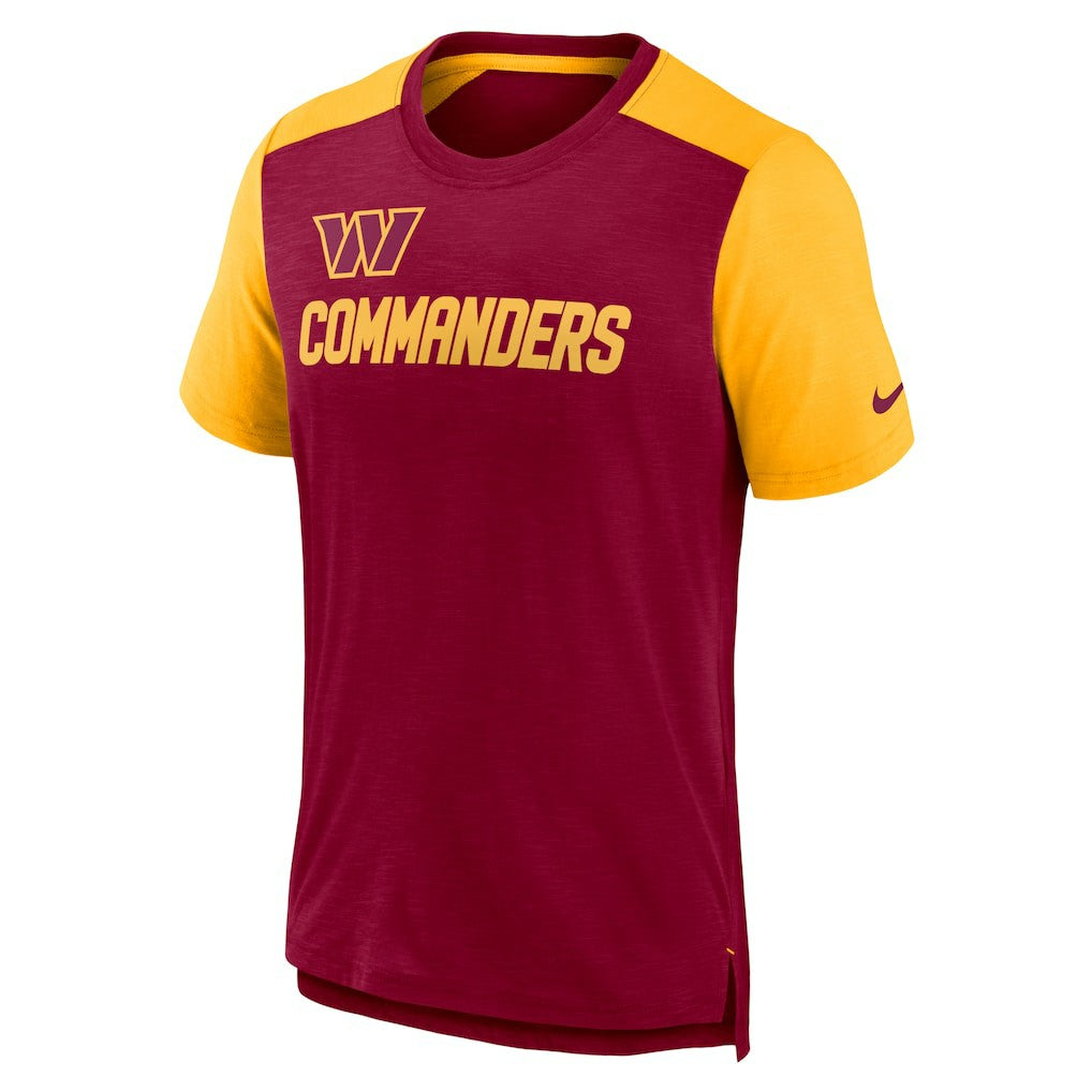 Washington Commanders Color Block Team Name T-Shirt - Heathered Burgundy/Heathered Gold T-shirts