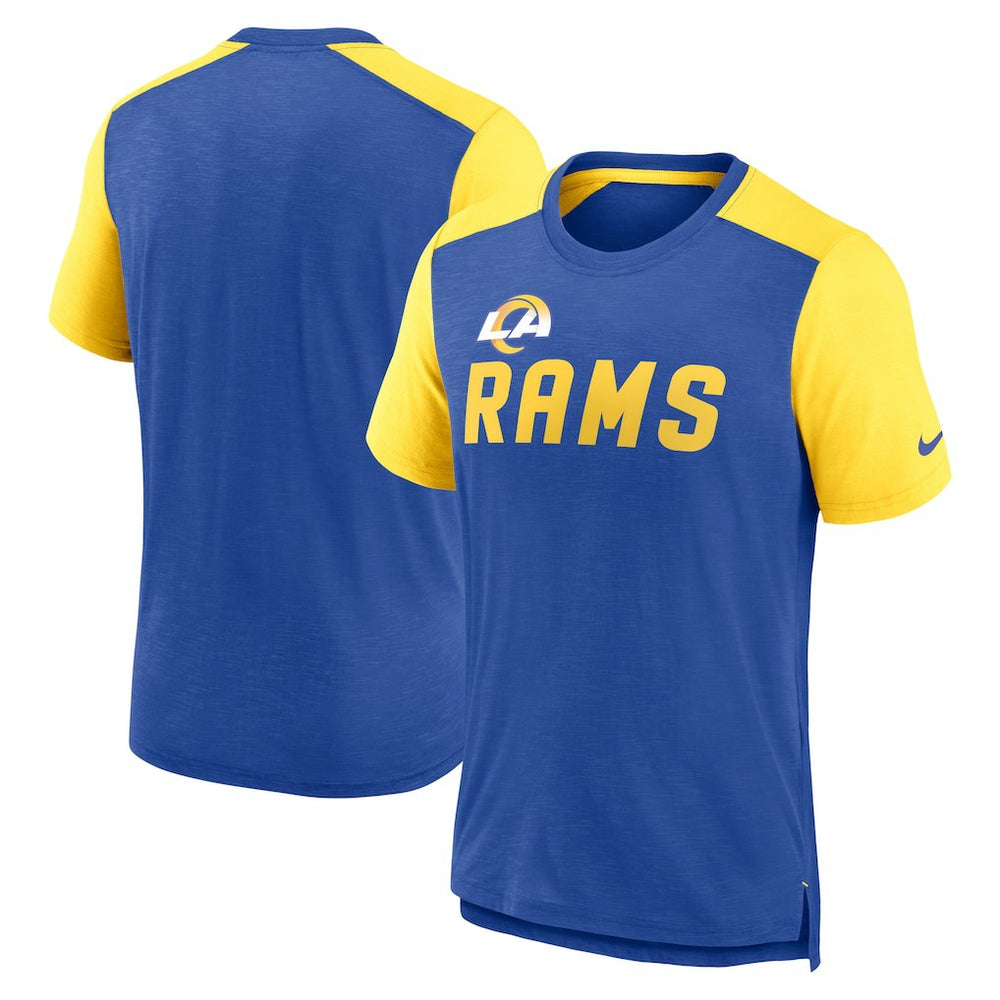 Los Angeles Rams Color Block Team Name T-Shirt - Heathered Royal/Heathered Gold T-shirts