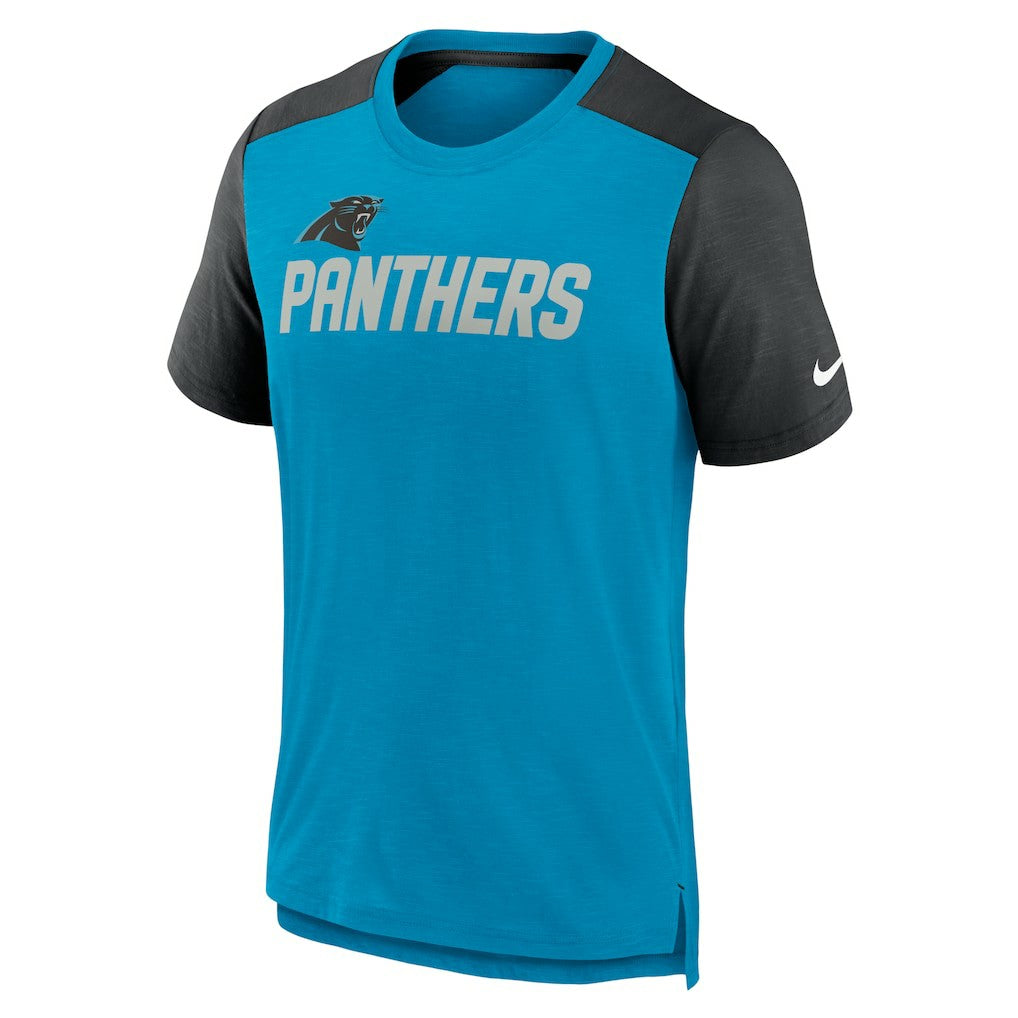Carolina Panthers Color Block Team Name T-Shirt - Heathered Blue/Heathered Black T-shirts
