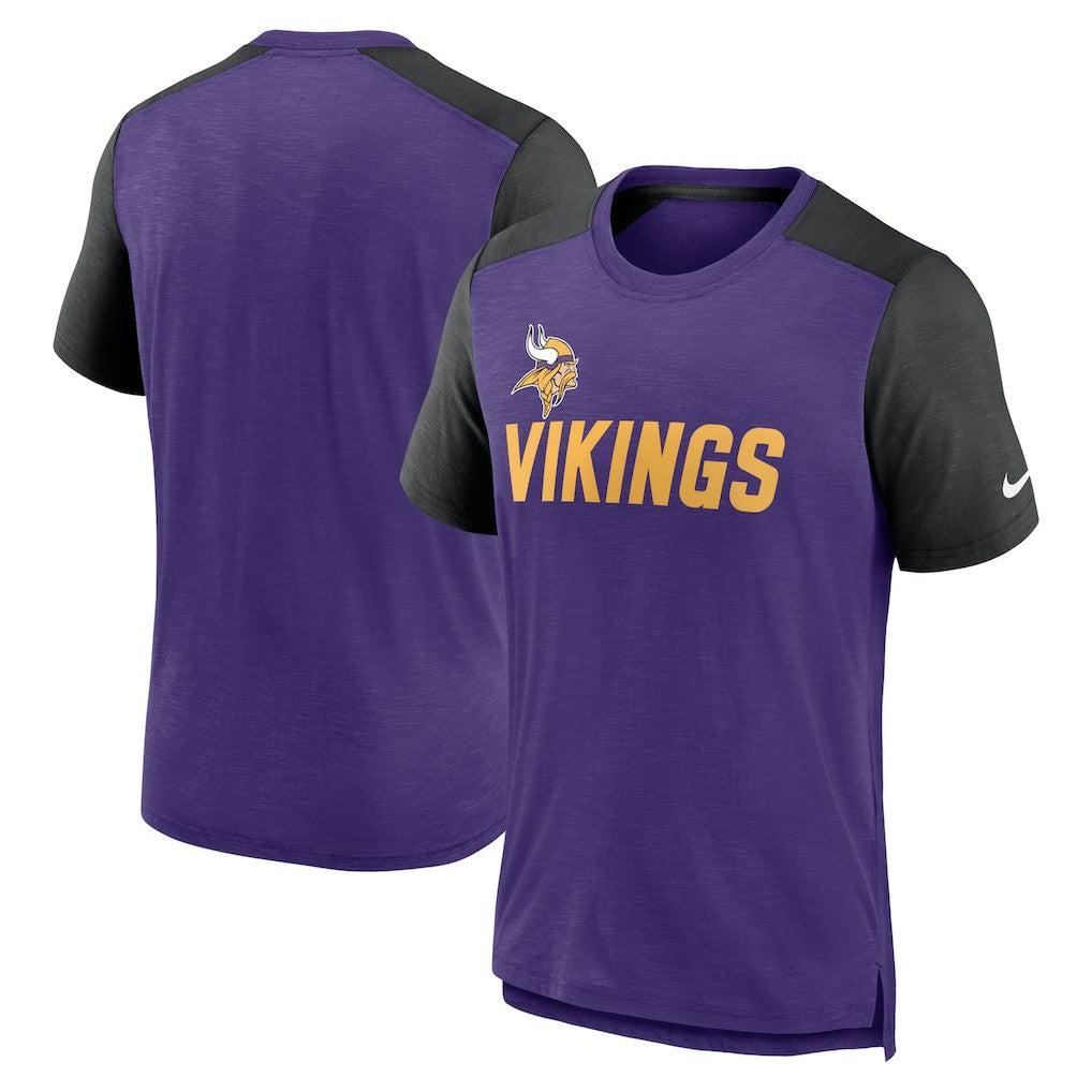 Minnesota Vikings Color Block Team Name T-Shirt - Heathered Purple/Heathered Black T-shirts