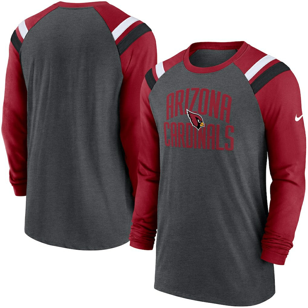 Arizona Cardinals Tri-Blend Raglan Athletic Long Sleeve Fashion T-Shirt - Heathered Charcoal/Cardinal T-shirts