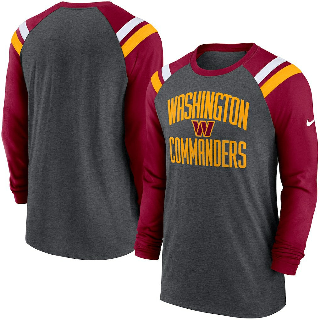 Washington Commanders Tri-Blend Raglan Athletic Long Sleeve Fashion T-Shirt - Heathered Charcoal/Burgundy T-shirts