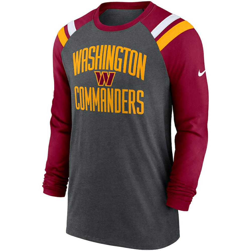 Washington Commanders Tri-Blend Raglan Athletic Long Sleeve Fashion T-Shirt - Heathered Charcoal/Burgundy T-shirts