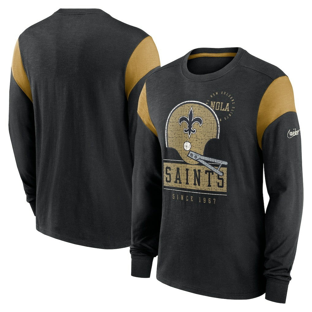 New Orleans Saints Rewind Playback Helmet Long Sleeve T-Shirt - Heather Black T-shirts
