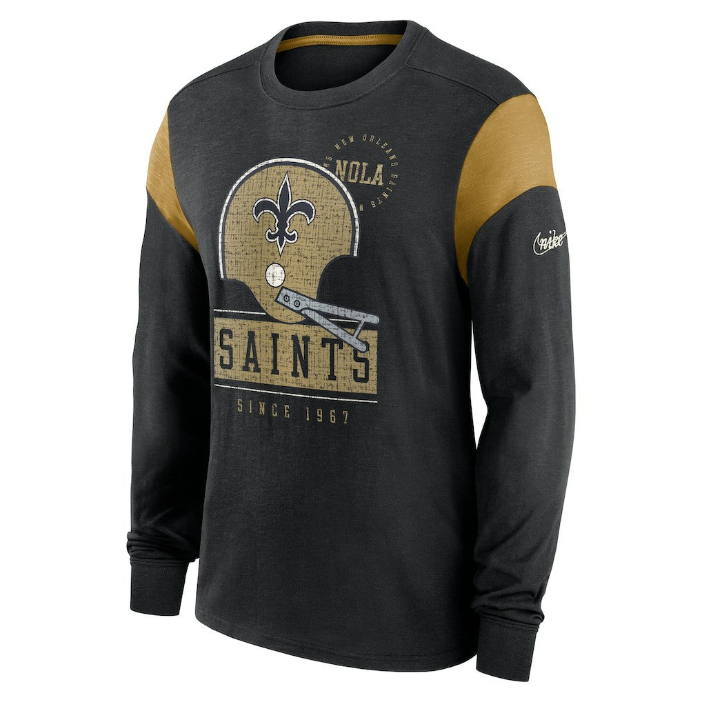 New Orleans Saints Rewind Playback Helmet Long Sleeve T-Shirt - Heather Black T-shirts