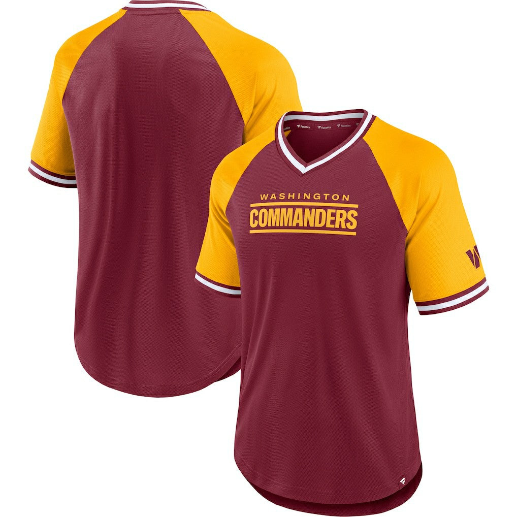 Washington Commanders Second Wind Raglan V-Neck T-Shirt - Burgundy/Gold T-shirts