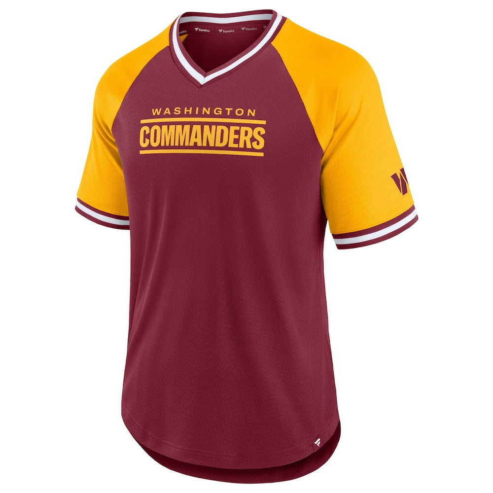 Washington Commanders Second Wind Raglan V-Neck T-Shirt - Burgundy/Gold T-shirts