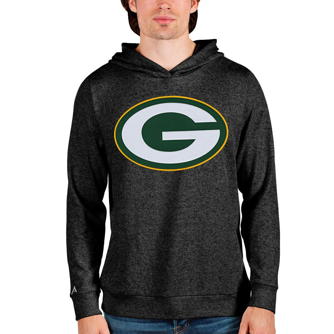 Green Bay Packers Antigua Team Absolute Pullover Hoodie - Heathered Black Hoodies