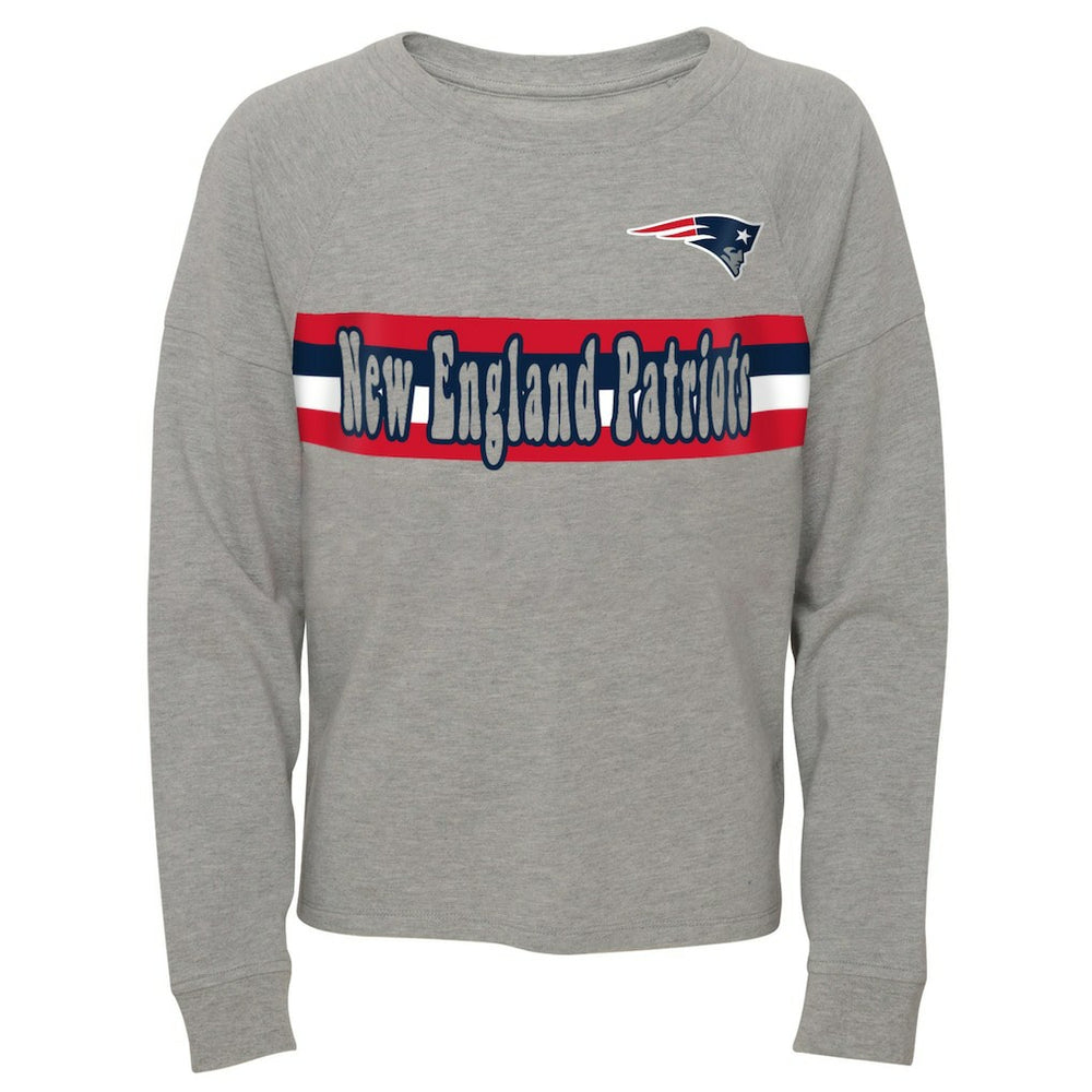 New England Patriots Juniors All Striped Up Raglan Long Sleeve T-Shirt - Heathered Gray T-shirts
