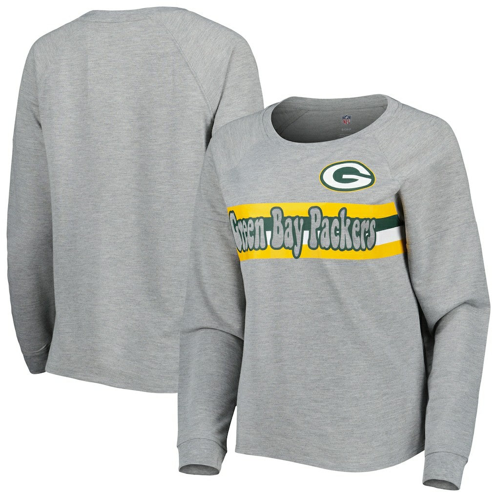 Green Bay Packers Juniors All Striped Up Raglan Long Sleeve T-Shirt - Heathered Gray T-shirts