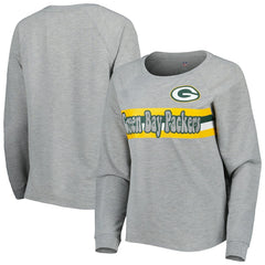 Green Bay Packers Juniors All Striped Up Raglan Long Sleeve T-Shirt - Heathered Gray T-shirts