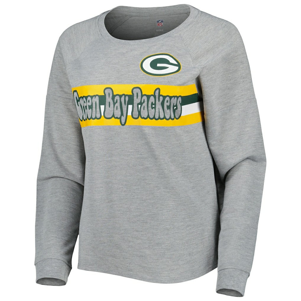 Green Bay Packers Juniors All Striped Up Raglan Long Sleeve T-Shirt - Heathered Gray T-shirts
