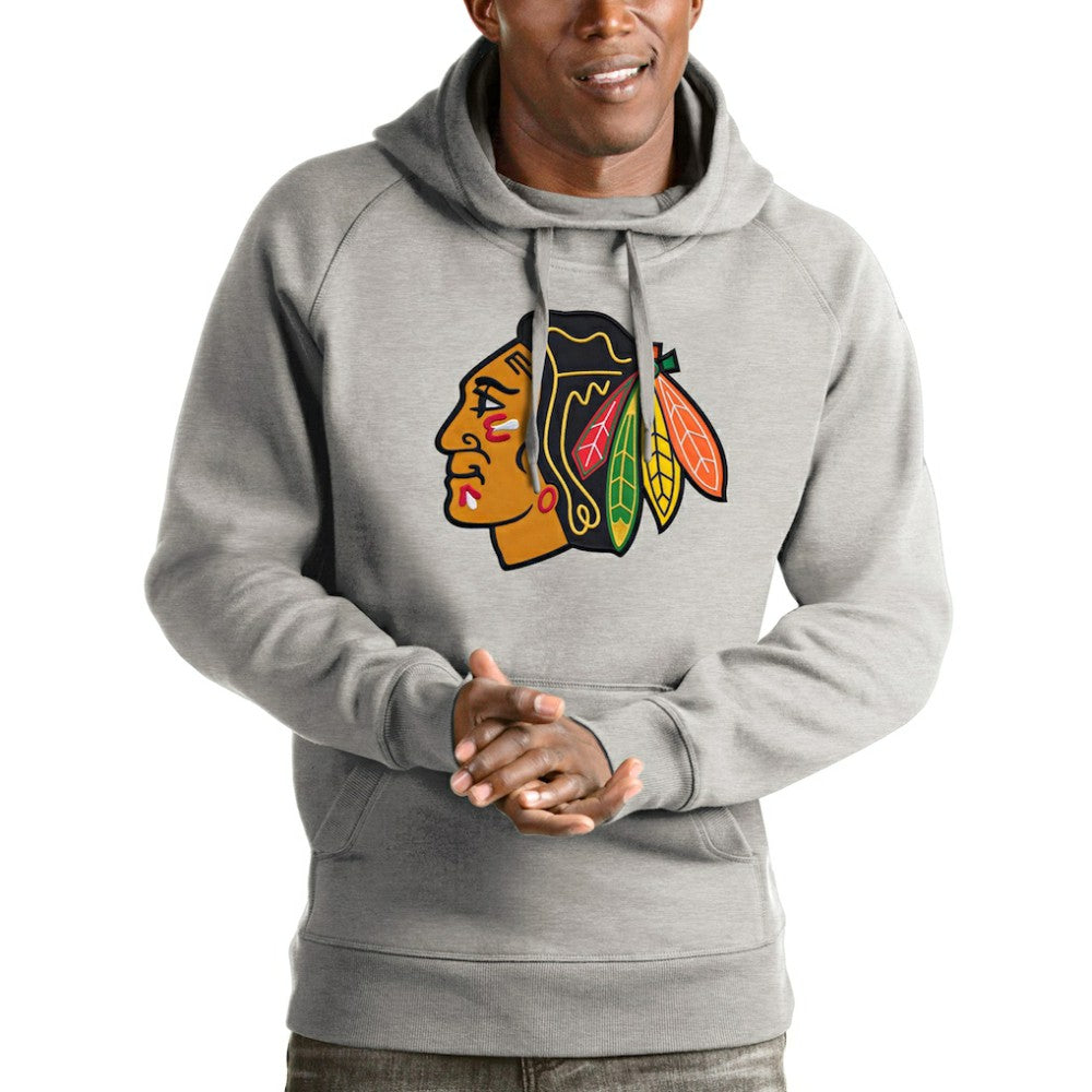 Chicago Blackhawks Antigua Logo Victory Pullover Hoodie - Heathered Gray | US 4571950