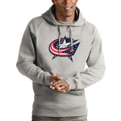 Columbus Blue Jackets Antigua Logo Victory Pullover Hoodie - Heathered Gray | US 4571963