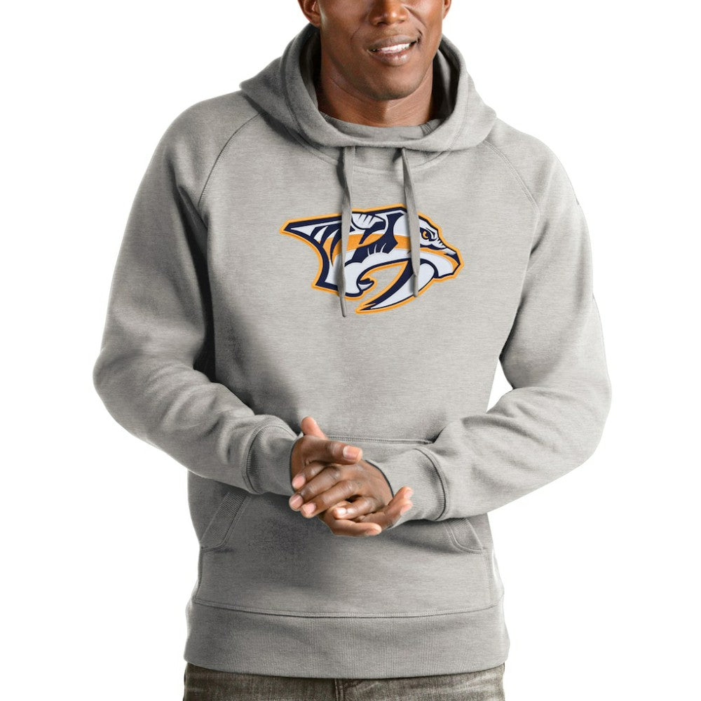 Nashville Predators Antigua Logo Victory Pullover Hoodie - Heathered Gray | US 4572010