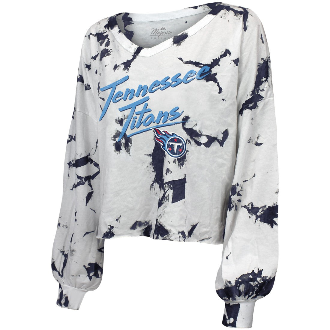 Tennessee Titans Majestic Threads Women's Off-Shoulder Tie-Dye V-Neck Long Sleeve T-Shirt - White/Navy T-shirts
