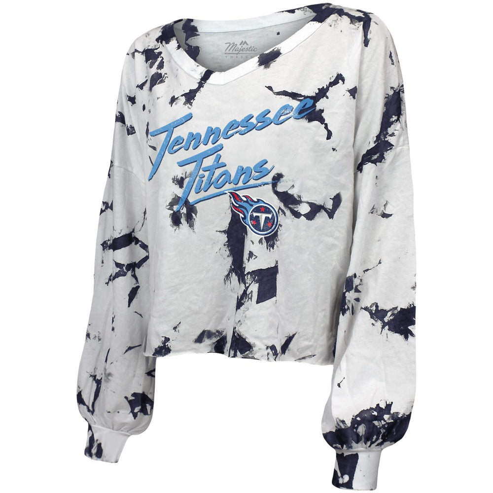 Tennessee Titans Majestic Threads Women's Off-Shoulder Tie-Dye V-Neck Long Sleeve T-Shirt - White/Navy T-shirts