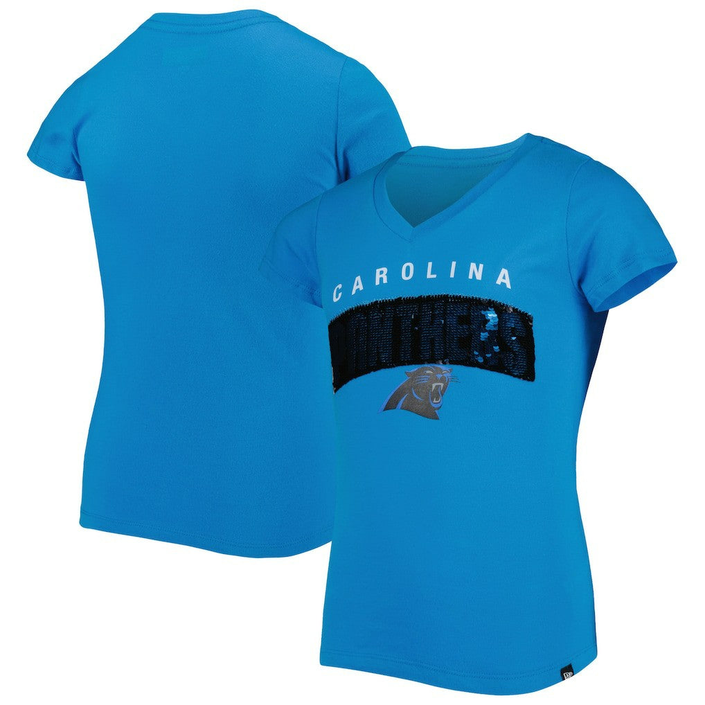 Carolina Panthers New Era Girls Youth Reverse Sequin Wordmark V-Neck T-Shirt - Blue T-shirts