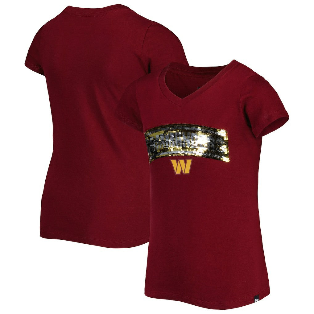 Washington Commanders New Era Girls Youth Reverse Sequin Wordmark V-Neck T-Shirt - Burgundy T-shirts