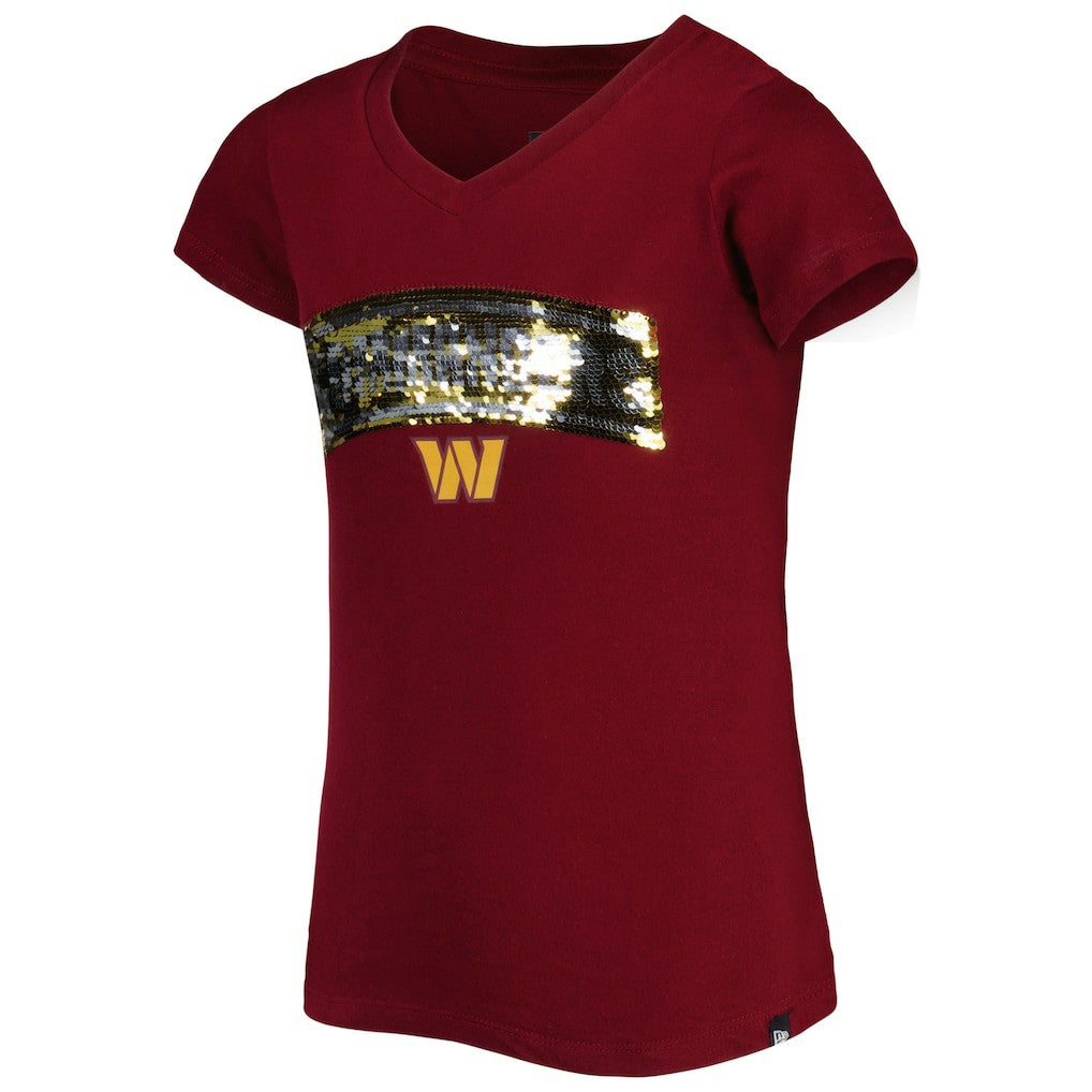 Washington Commanders New Era Girls Youth Reverse Sequin Wordmark V-Neck T-Shirt - Burgundy T-shirts