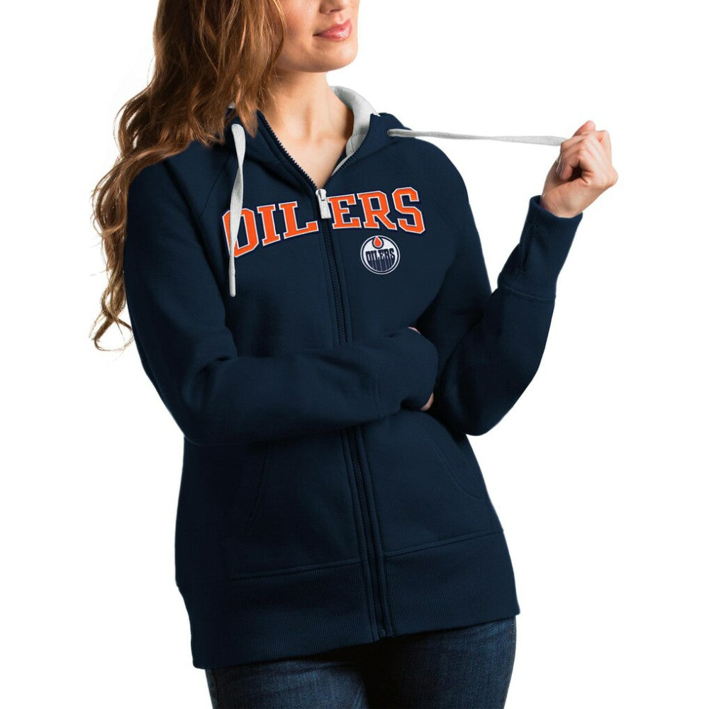 Edmonton Oilers Antigua Women's Wordmark Victory Full-Zip Hoodie - Navy | US 4627266